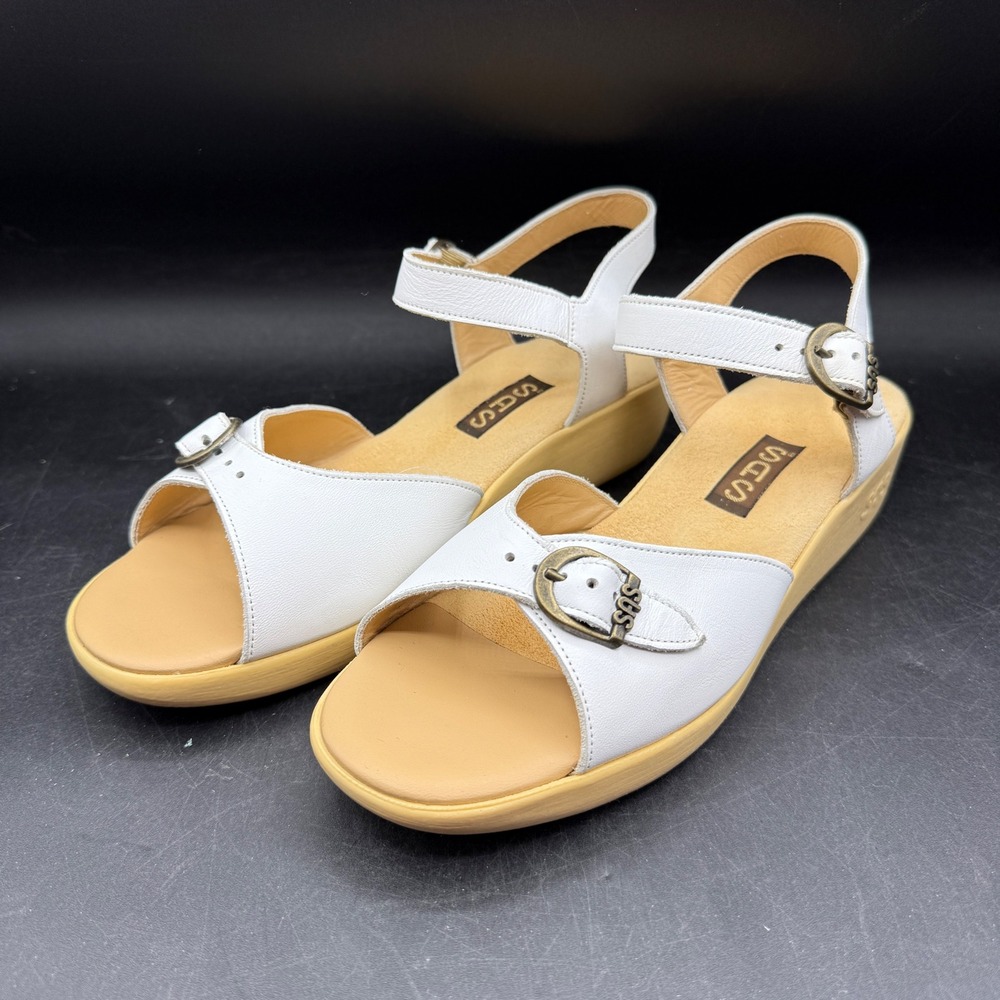SAS Sandals Women 10 M White Leather Buckle Wedge Comfort Boho